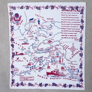 Vintage 1940s 1950s Alaska Map Souvenir Table Cloth 37" x 32" Marie Drake Poem